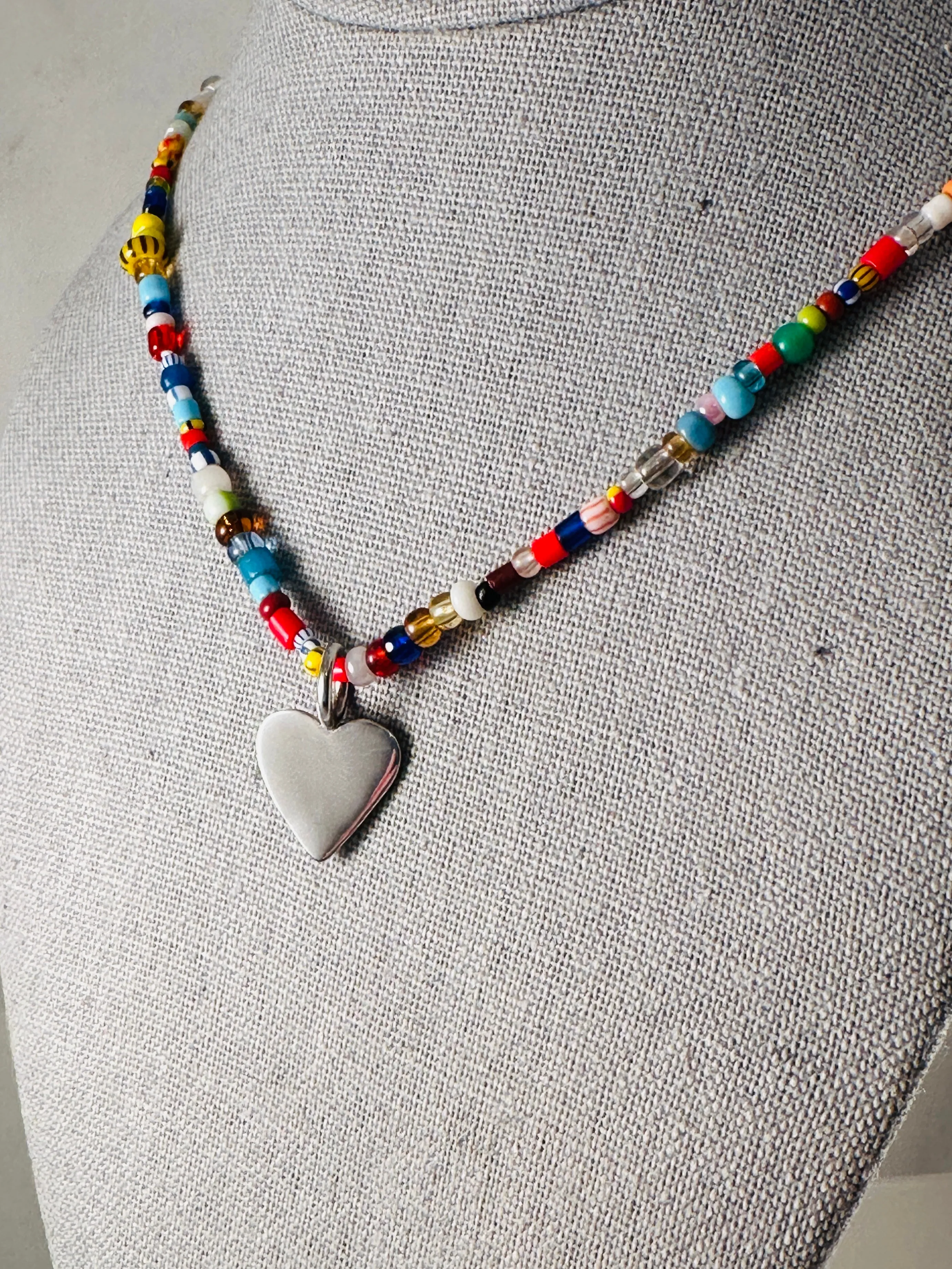 18” African Glass Bead Necklace with Sterling Heart or Pink Teardrops