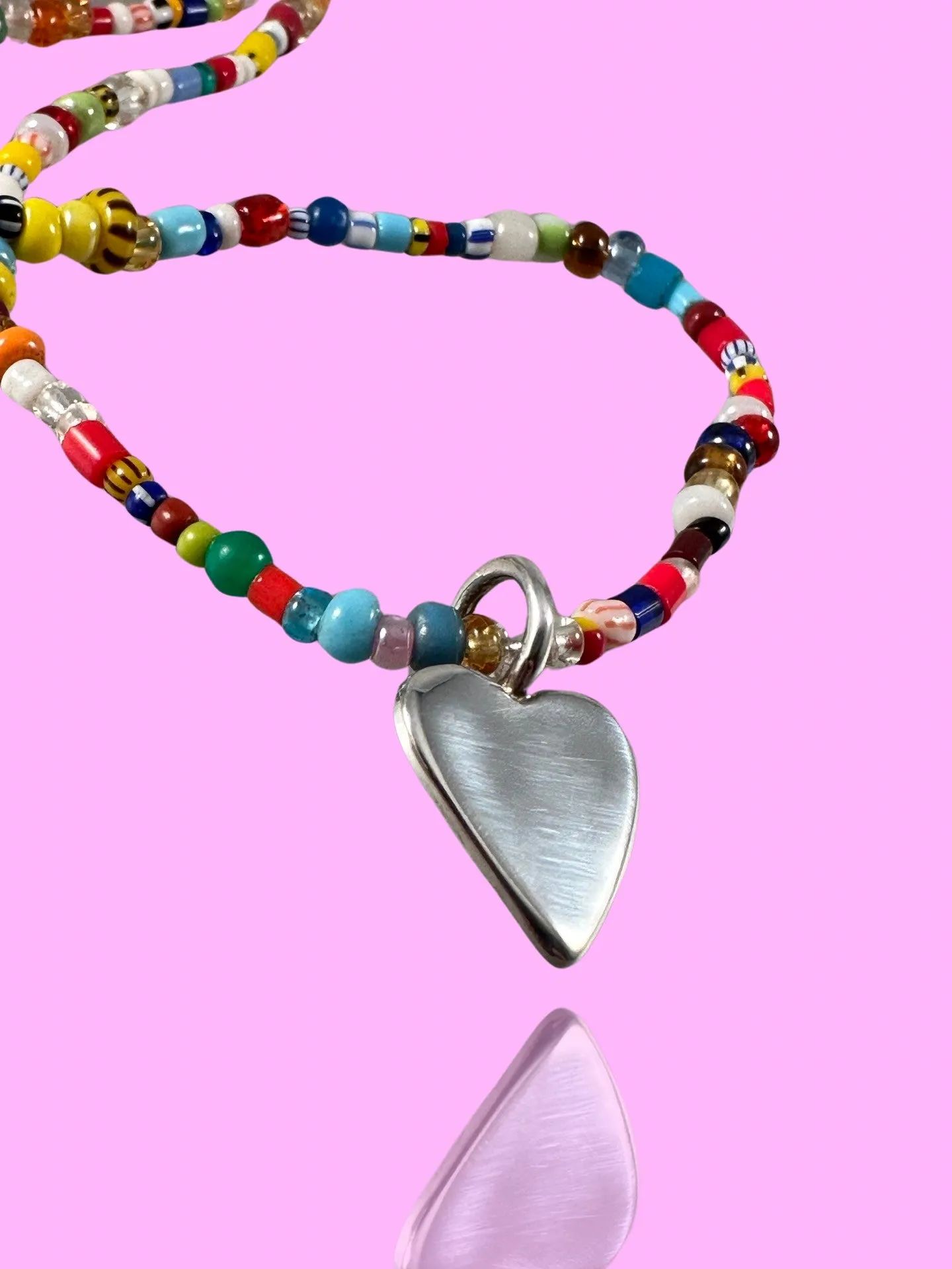 18” African Glass Bead Necklace with Sterling Heart or Pink Teardrops