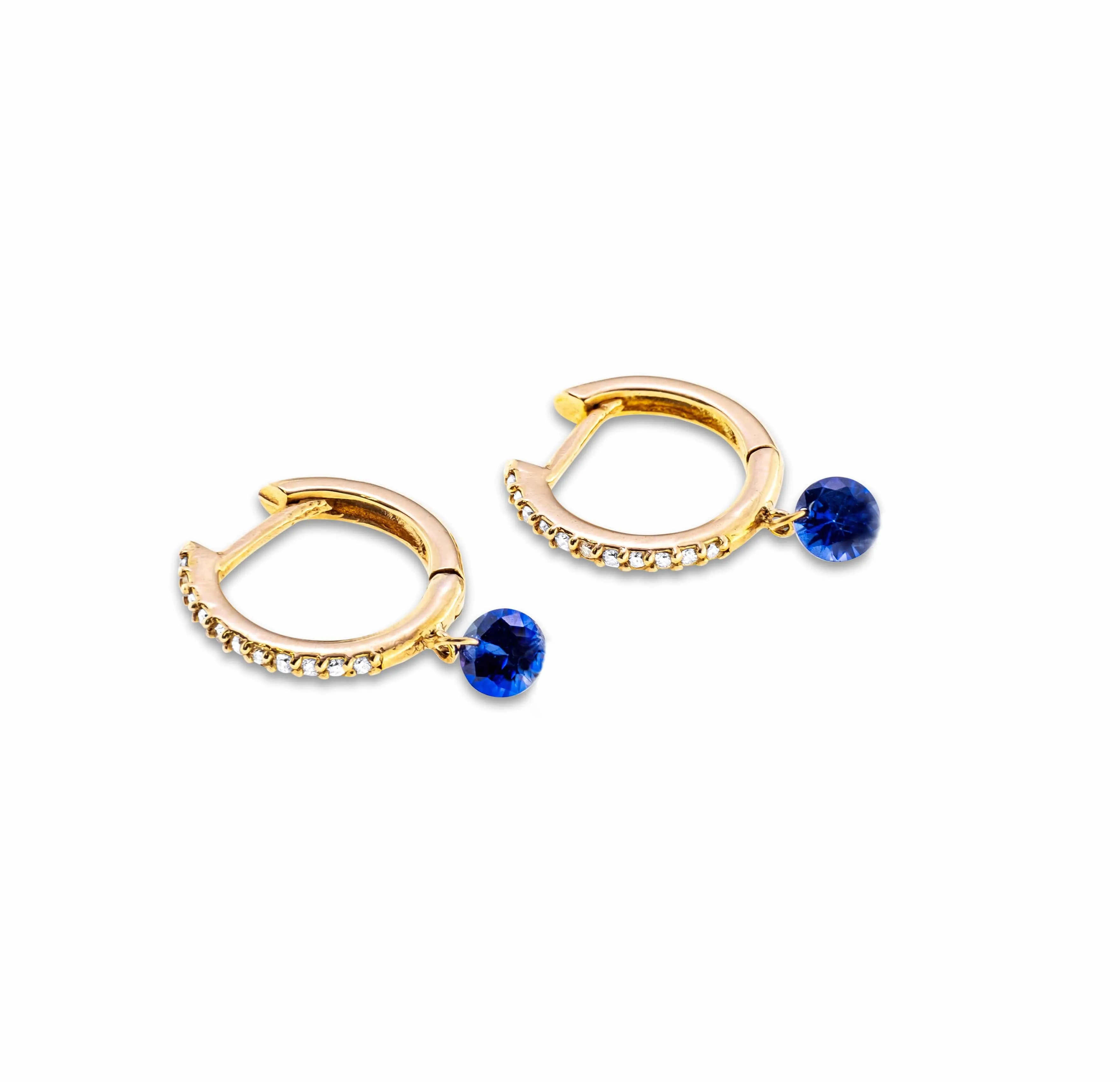 18K Gold Drilled Blue Sapphire Huggie Hoops Earrings