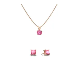 18K Rose Gold 3ct Pink Sapphire Round 18 Inch Necklace and Square Earrings Set Plated