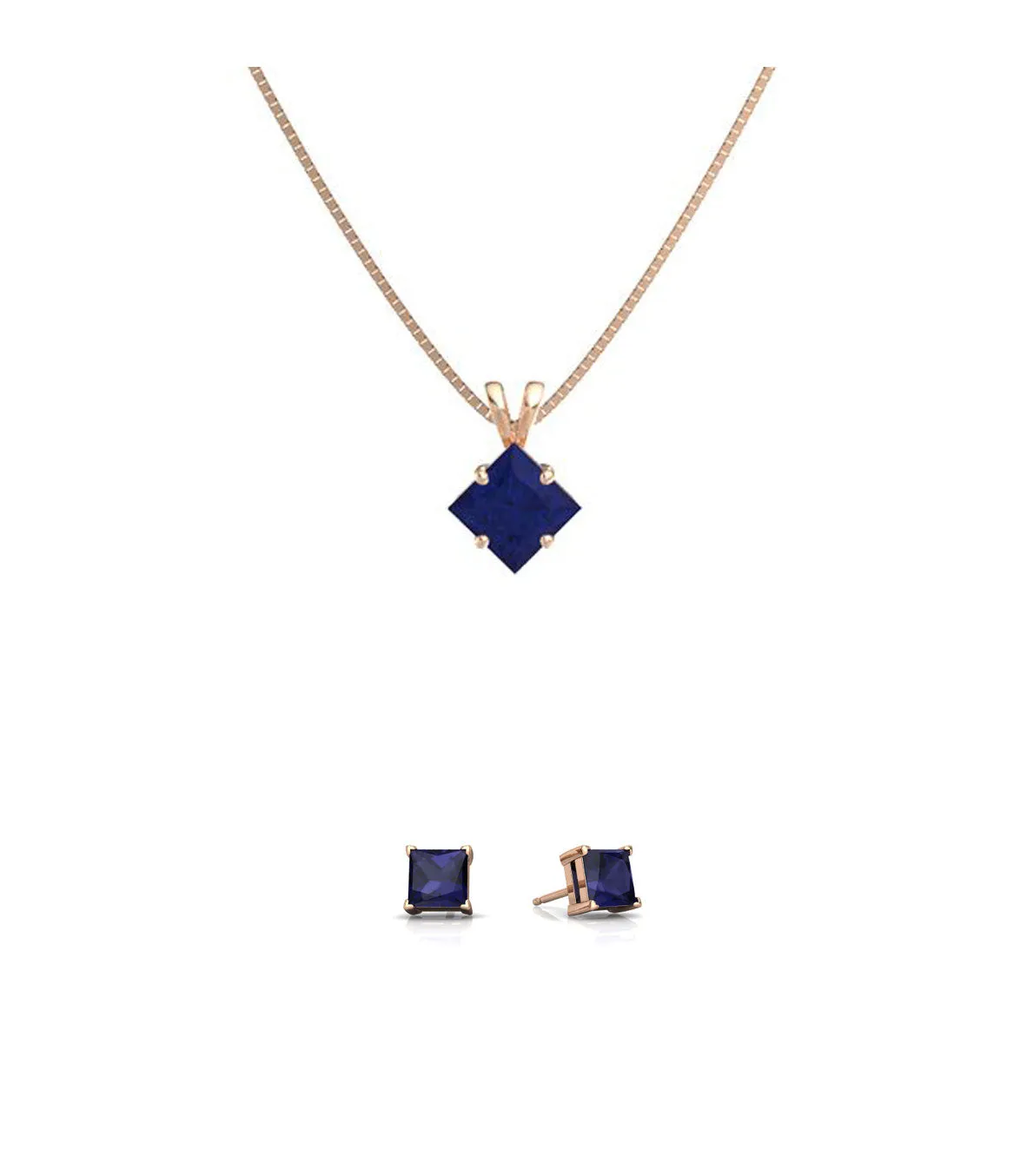 18K Rose Gold 4ct Blue Sapphire Square 18 Inch Necklace and Earrings Set Plated