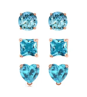 18k Rose Gold Plated 6mm Created Blue Topaz 3 Pair Round, Square and Heart Stud Earrings