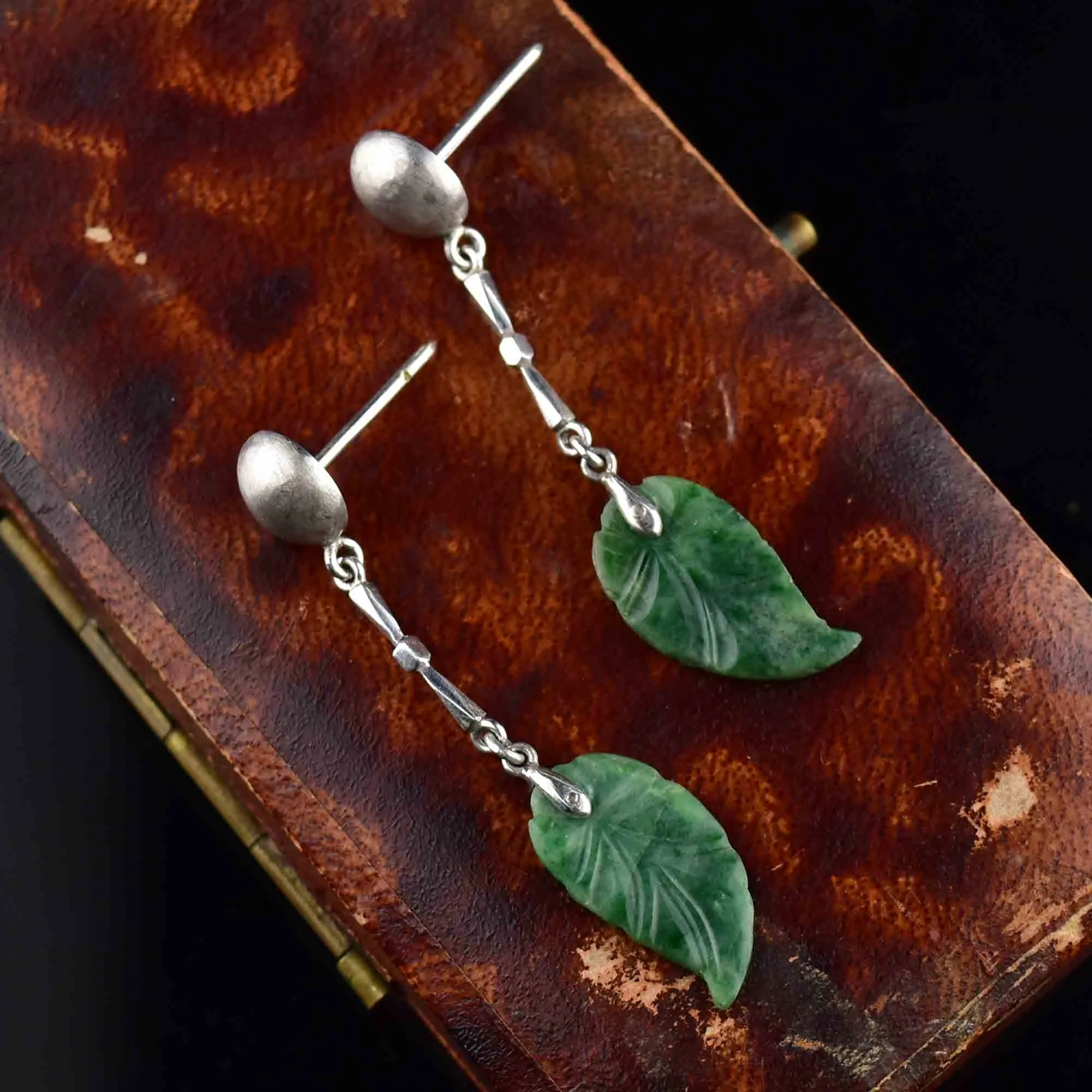 18K White Gold Carved Jade Leaf Chandelier Earrings