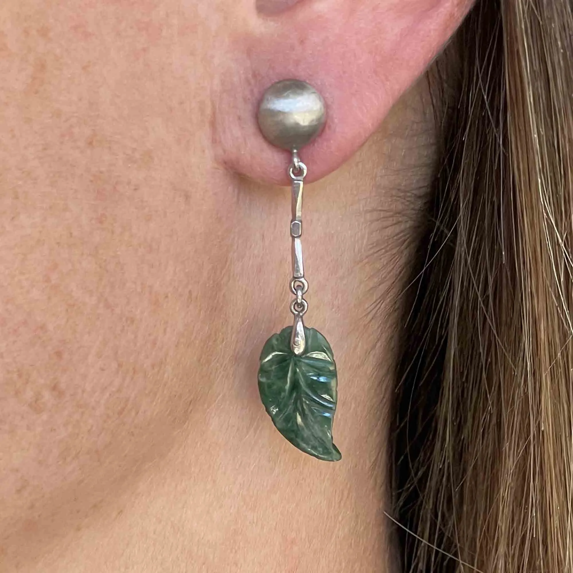 18K White Gold Carved Jade Leaf Chandelier Earrings