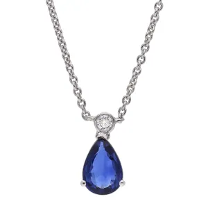 18K White Gold Pear Shaped Sapphire and Diamond Pendant 16" Necklace