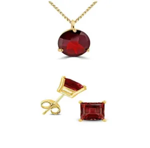 18K Yellow Gold 1ct Garnet Round 18 Inch Necklace and Square Earrings Set Plated