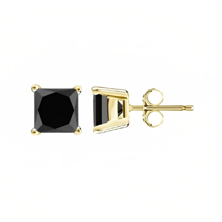 18k Yellow Gold 2 Pair Black Moissanite Round & Princess Cut Stud Earrings Plated 6mm By Paris Jewelry