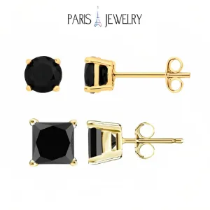 18k Yellow Gold 2 Pair Black Moissanite Round & Princess Cut Stud Earrings Plated 6mm By Paris Jewelry