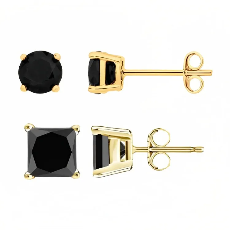 18k Yellow Gold 2 Pair Black Moissanite Round & Princess Cut Stud Earrings Plated 6mm By Paris Jewelry