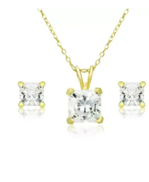 18K Yellow Gold 3ct White Sapphire Square 18 Inch Necklace and Earrings Set Plated