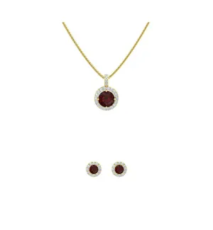 18K Yellow Gold 4ct Halo Garnet Round 18 Inch Necklace and Halo Earrings Set Plated