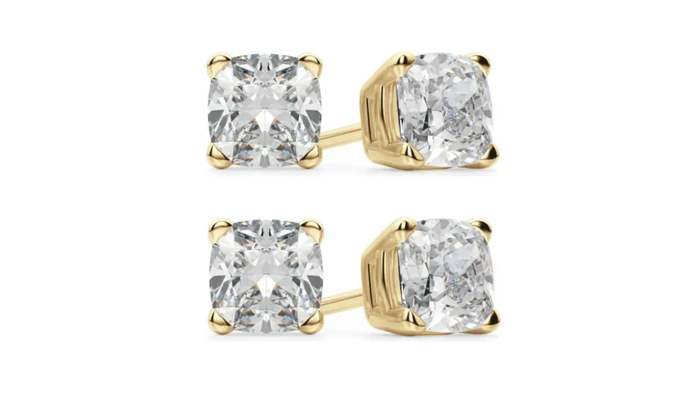 18k Yellow Gold 4mm 4Ct Cushion Cut White Sapphire Set Of Two Stud Earrings Plated