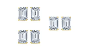 18k Yellow Gold 6mm 2Ct Emerald Cut White Sapphire Set Of Three Stud Earrings Plated