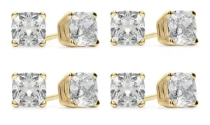 18k Yellow Gold 6mm 4Ct Cushion Cut White Sapphire Set Of Four Stud Earrings Plated