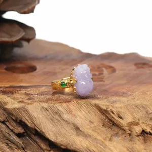 18k Yellow Gold Natural Rich Lavender Pixiu Jadeite Jade Ring With Diamonds