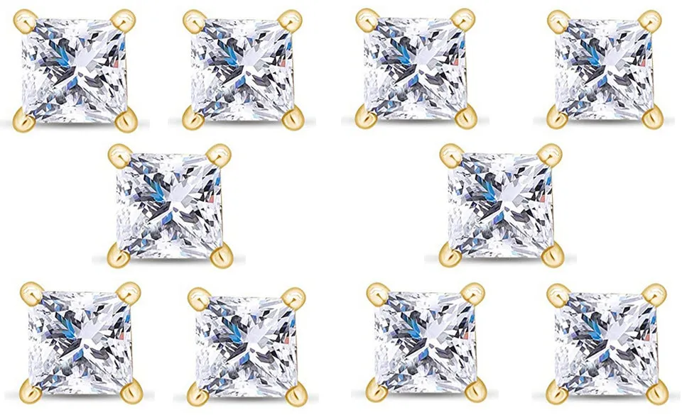 18k Yellow Gold Plated 1Ct Princess Cut White Sapphire Set Of Five Stud Earrings