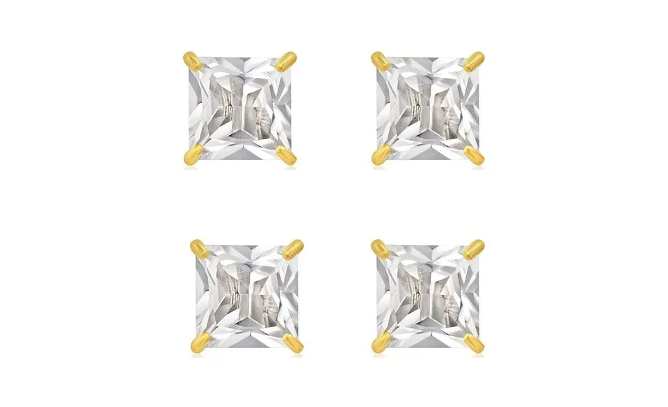 18k Yellow Gold Plated 2Ct Square Cut White Sapphire Set Of Two Stud Earrings