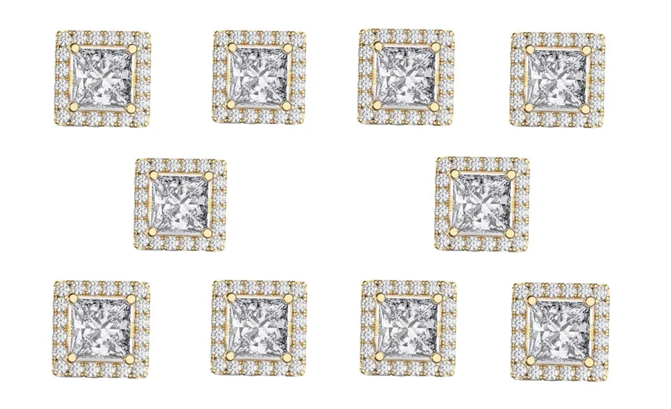 18k Yellow Gold Plated 4mm 3Ct Square Cut White Sapphire Set of Five Halo Stud Earrings