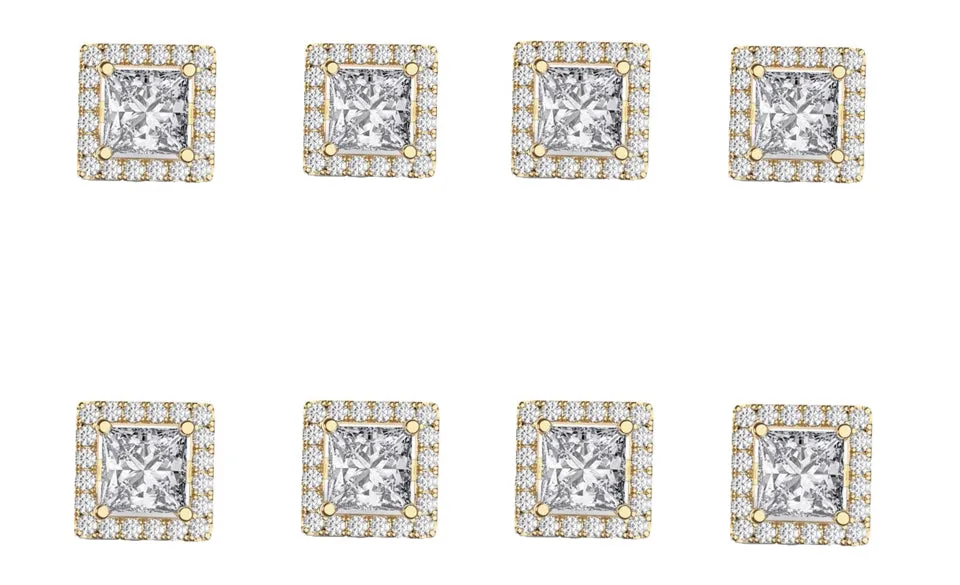 18k Yellow Gold Plated 4mm 4Ct Square Cut White Sapphire Set of Four Halo Stud Earrings