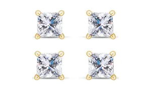 18k Yellow Gold Plated 6mm 2Ct Princess Cut White Sapphire Set Of Two Stud Earrings