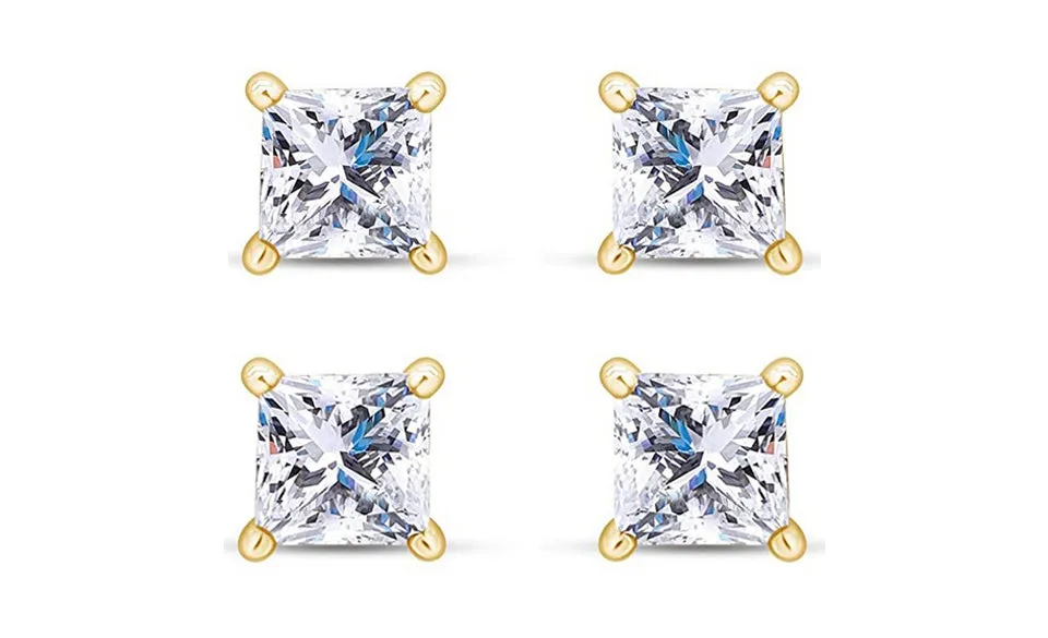 18k Yellow Gold Plated 6mm 2Ct Princess Cut White Sapphire Set Of Two Stud Earrings