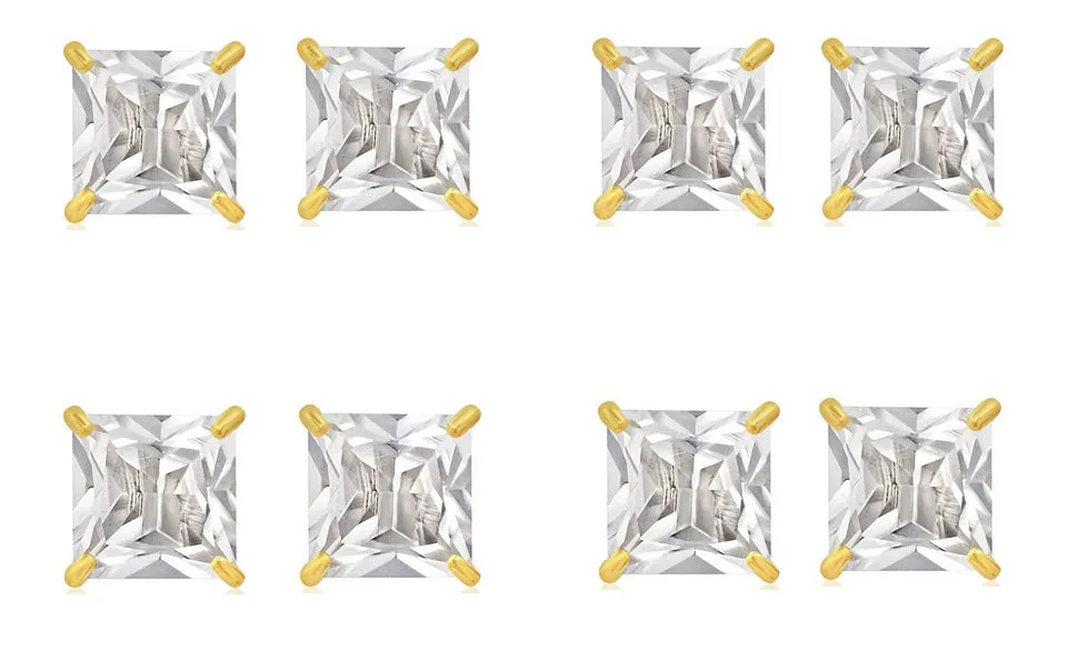 18k Yellow Gold Plated 6mm 4Ct Square Cut White Sapphire Set Of Four Stud Earrings