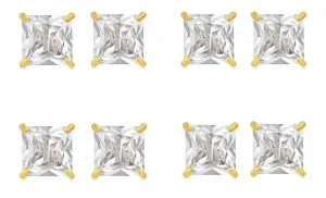 18k Yellow Gold Plated 6mm 4Ct Square Cut White Sapphire Set Of Four Stud Earrings