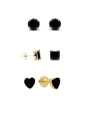 18k Yellow Gold Plated 6mm Created Black Sapphire 3 Pair Round, Square and Heart Stud Earrings