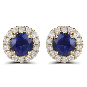 18K Yellow Gold Round Sapphire with Diamond Halo Stud Earrings