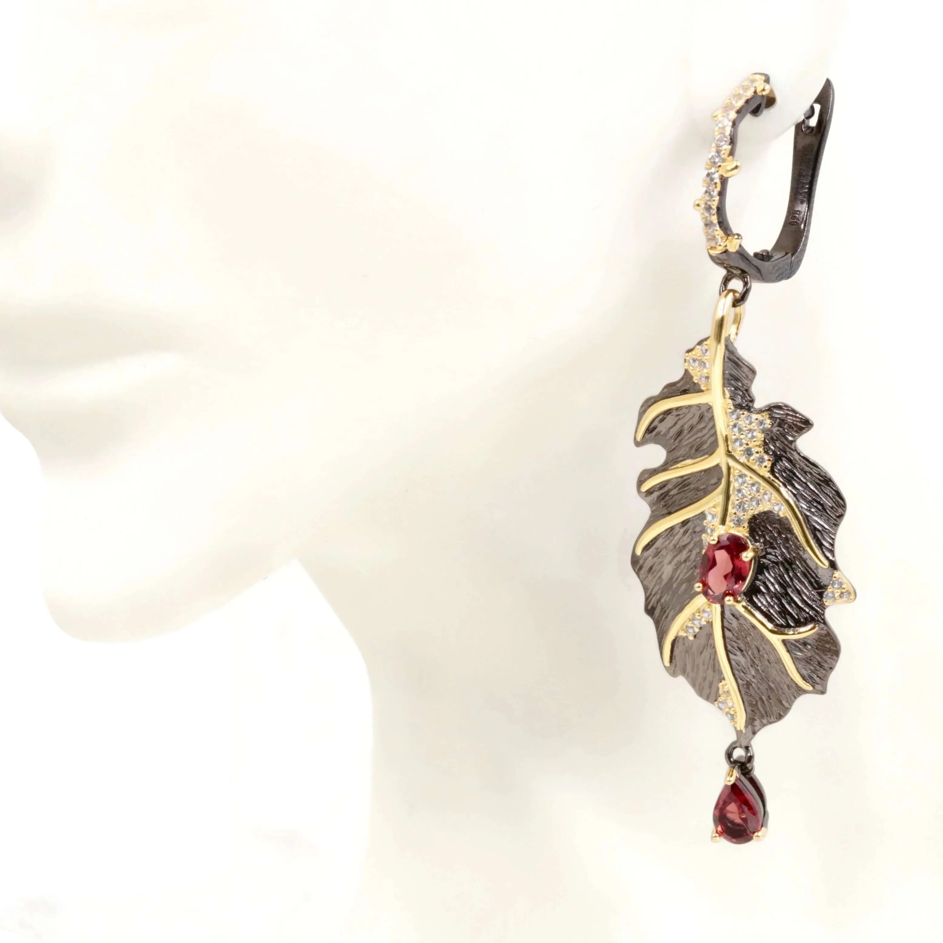 18KY Gold Plated Garnet Earrings Red Garnet Earrings Gemstone Earrings Dangle Earrings Gold Plated Leaf Gemstone Earrings SKU 6142046