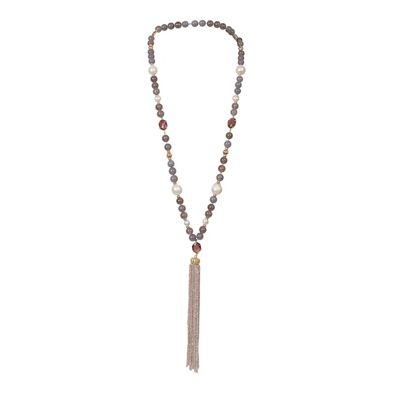 194-03 | CHAMPANGE CRYSTAL & PEARL TASSEL NECKLACE