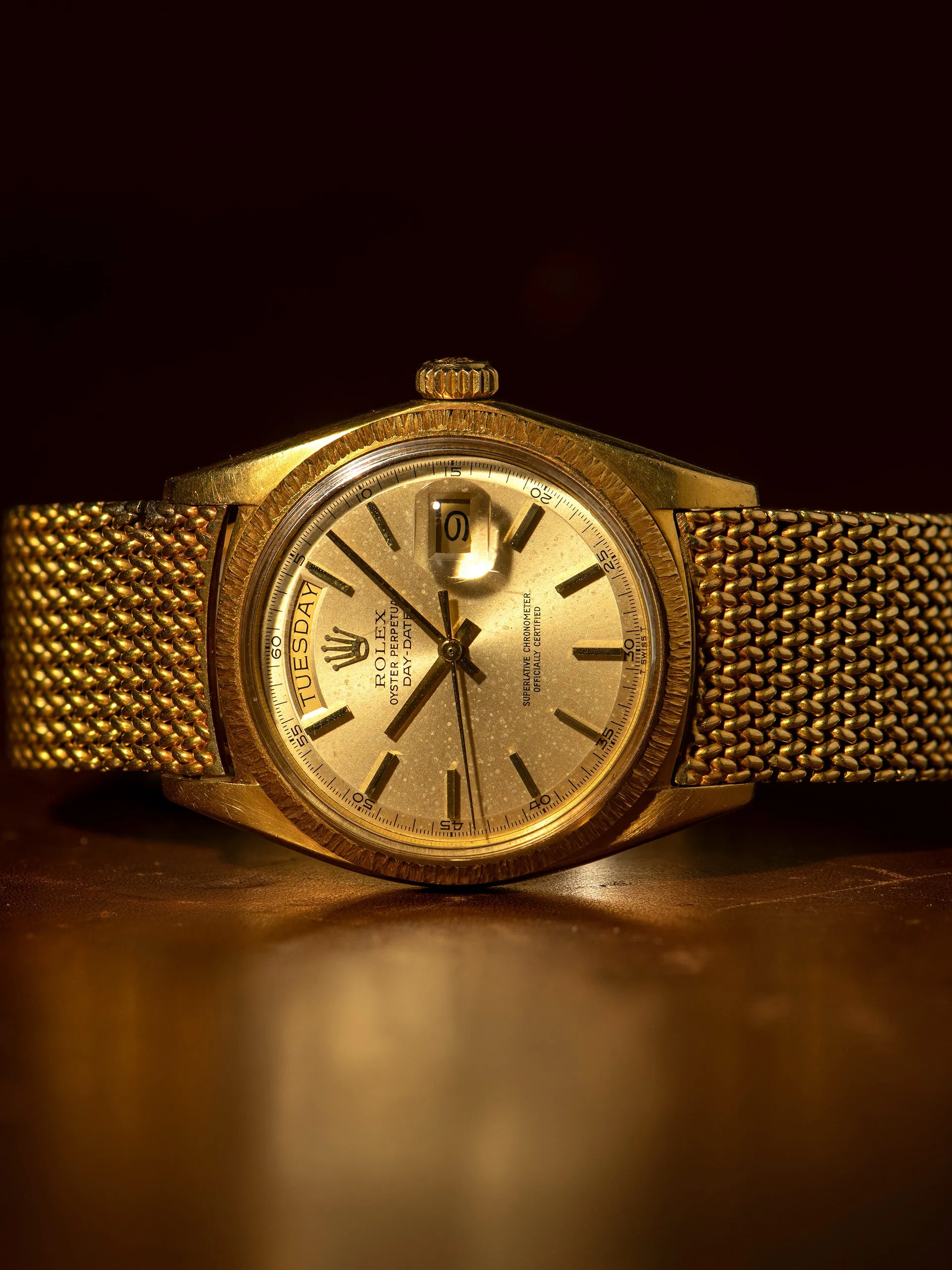 1971 Rolex Day-Date 18K YG "Bark" (Ref. 1807) Champagne "Minute Track" Dial W/ Double Papers & 18K YG Mesh Bracelet