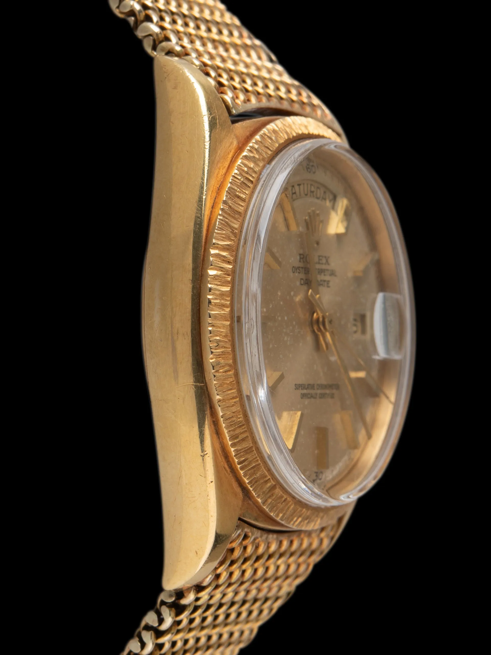 1971 Rolex Day-Date 18K YG "Bark" (Ref. 1807) Champagne "Minute Track" Dial W/ Double Papers & 18K YG Mesh Bracelet