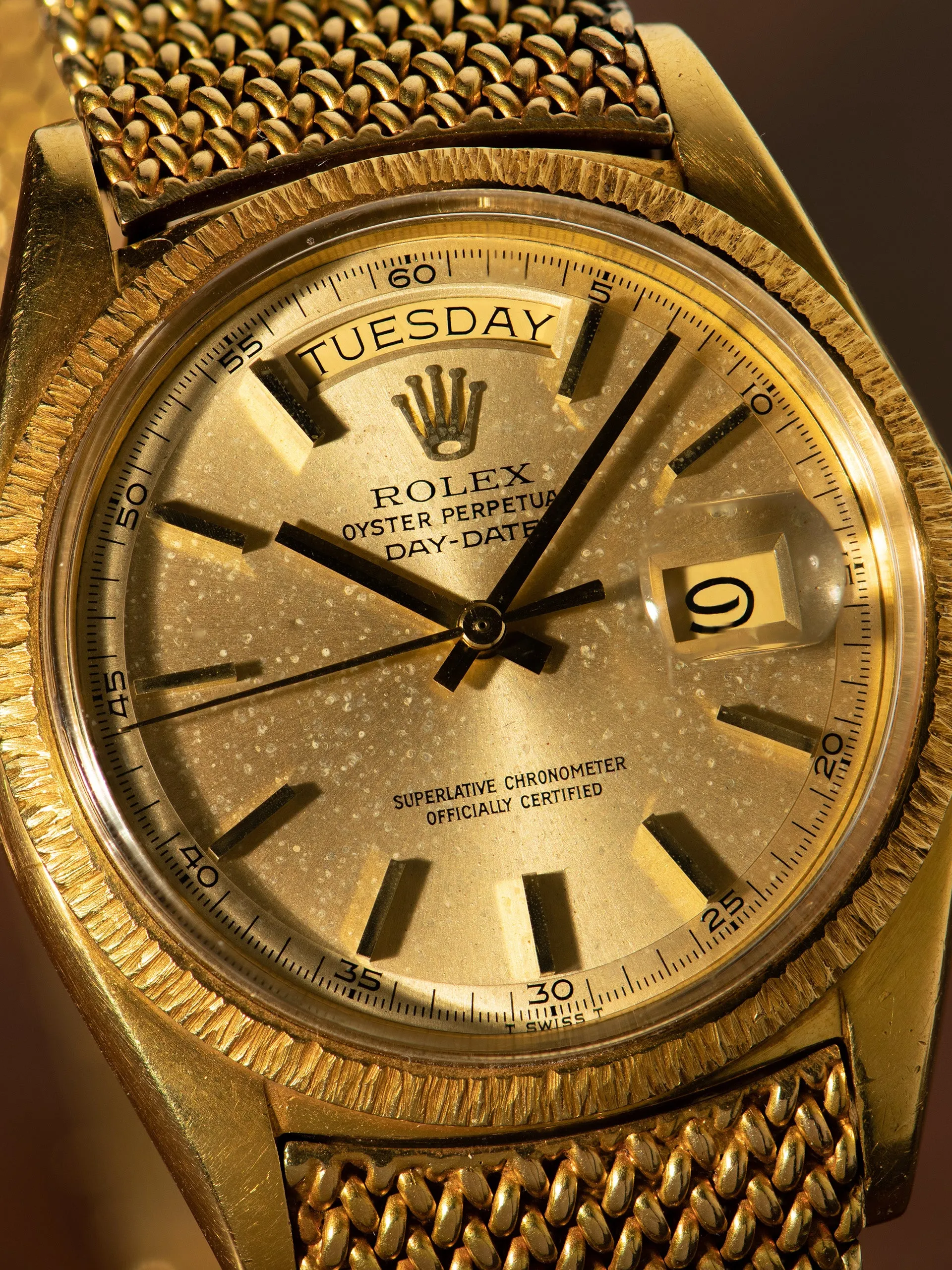 1971 Rolex Day-Date 18K YG "Bark" (Ref. 1807) Champagne "Minute Track" Dial W/ Double Papers & 18K YG Mesh Bracelet