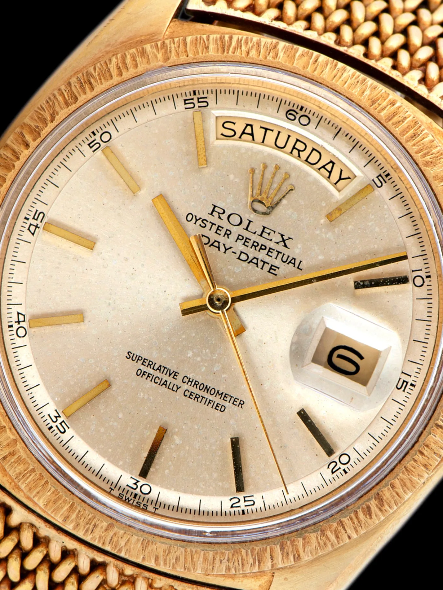 1971 Rolex Day-Date 18K YG "Bark" (Ref. 1807) Champagne "Minute Track" Dial W/ Double Papers & 18K YG Mesh Bracelet