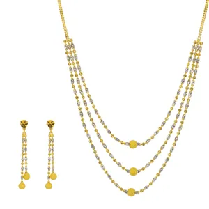 22K Multi Tone Gold Necklace & Earrings Set W/ Swirl Bicone & Ball Beads