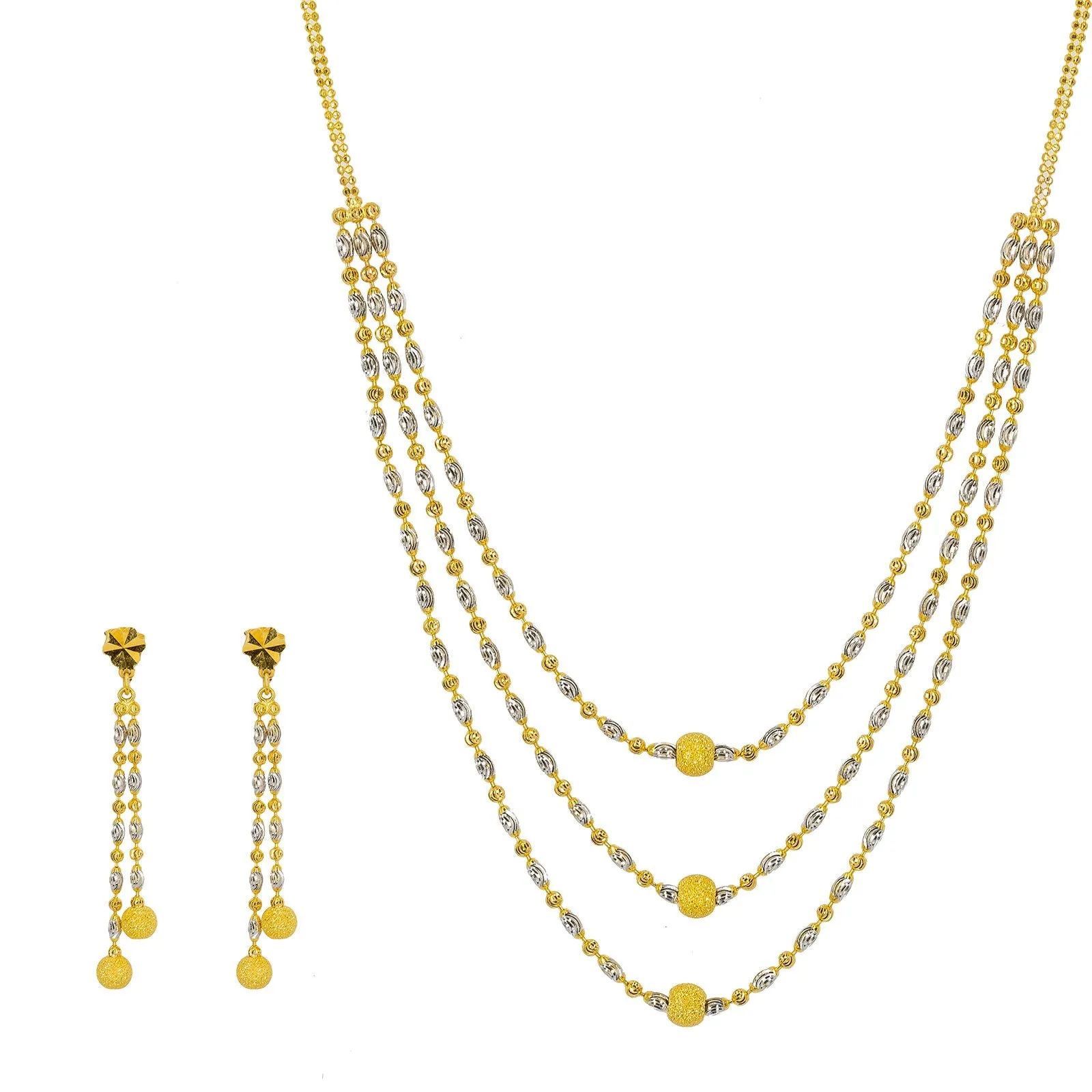 22K Multi Tone Gold Necklace & Earrings Set W/ Swirl Bicone & Ball Beads