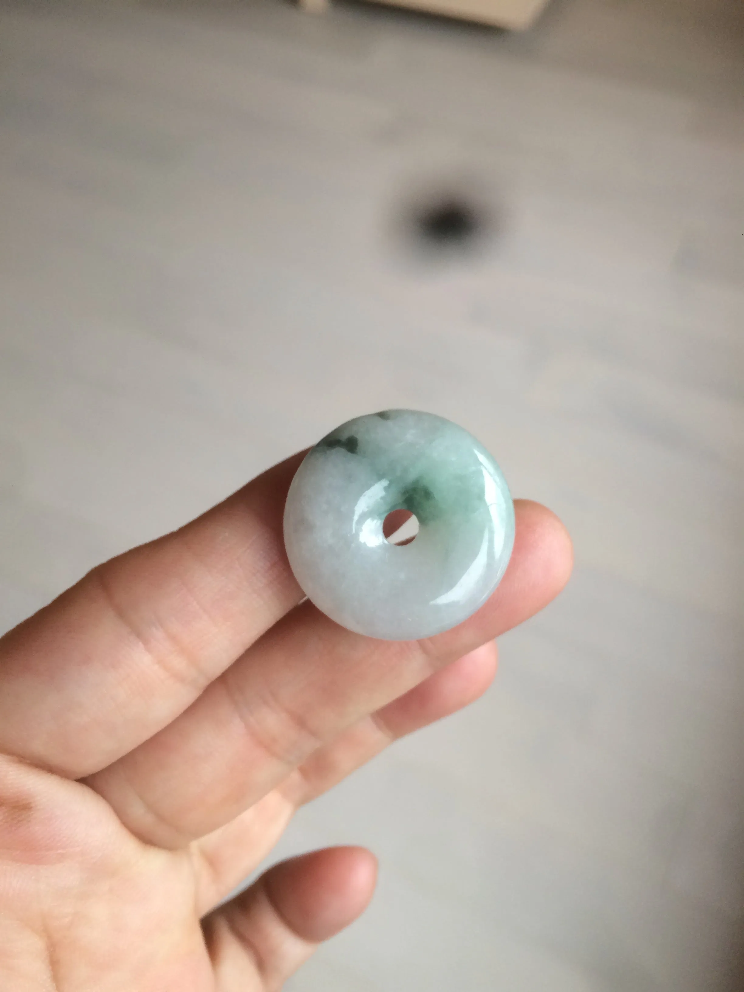 25.4/6.2mm 100% Natural icy watery green/white with green floating flowers jadeite Jade Safety Guardian Button(donut) Pendant/worry stone BF46