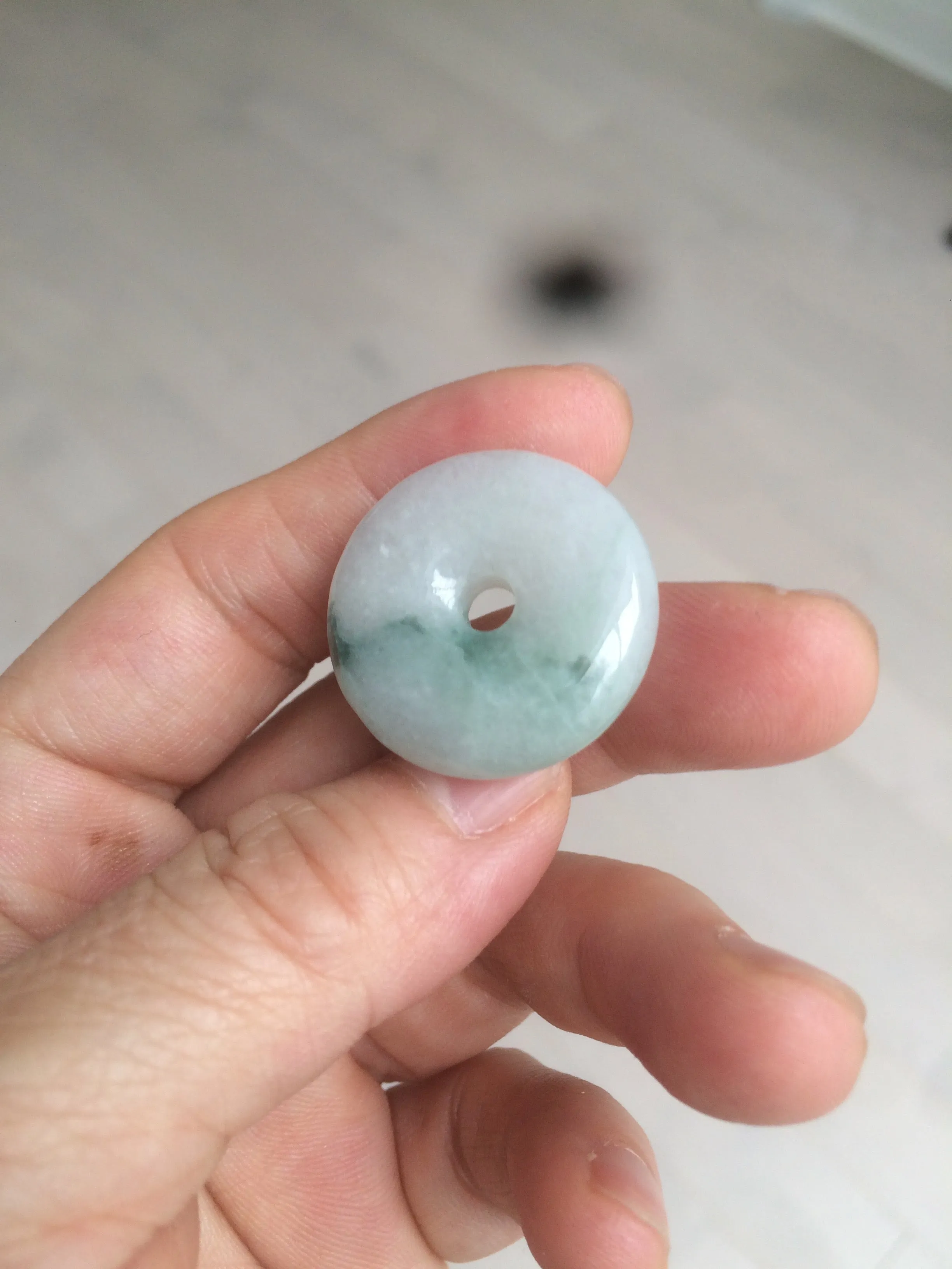 25.4/6.2mm 100% Natural icy watery green/white with green floating flowers jadeite Jade Safety Guardian Button(donut) Pendant/worry stone BF46