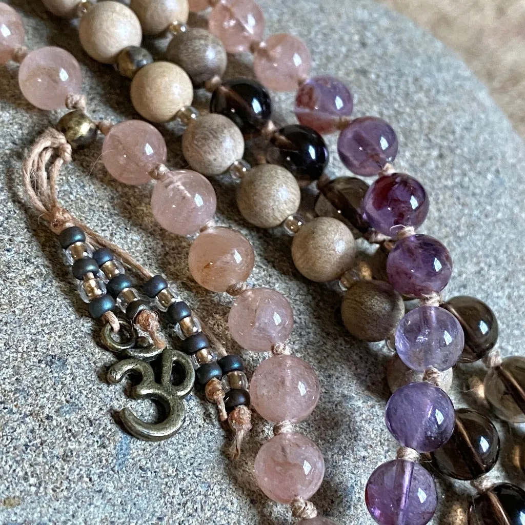 3-Onlies Mala with Morganite, Cacoxenite, Smoky Quartz, Sandalwood