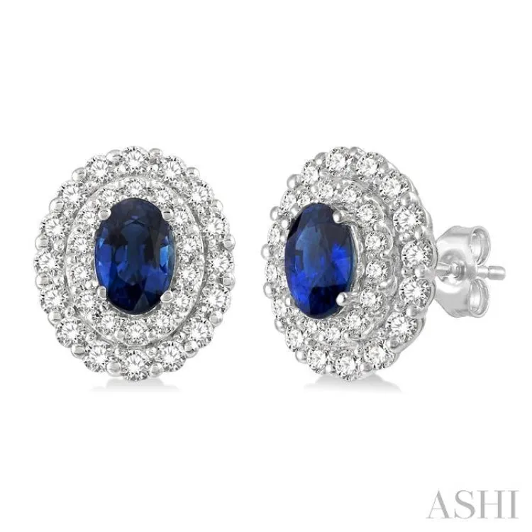 3/4 ctw Oval Shape 6x4MM Sapphire and Round Cut Diamond Precious Earrings in 14K White Gold