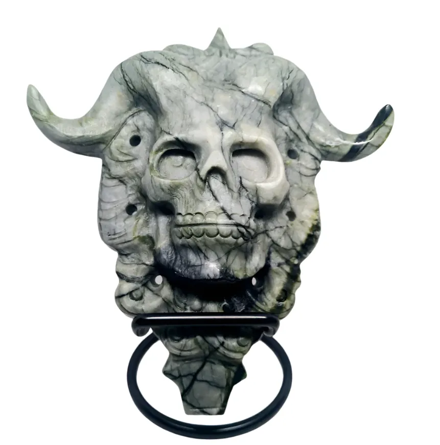 672G Jade Crystal Horned Skull Slab with Holder