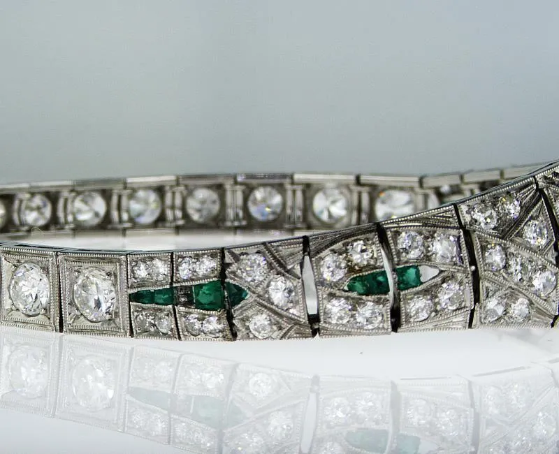 7.00 CT Rare Vintage Platinum Art Deco Natural Diamond Emerald Antique Bracelet