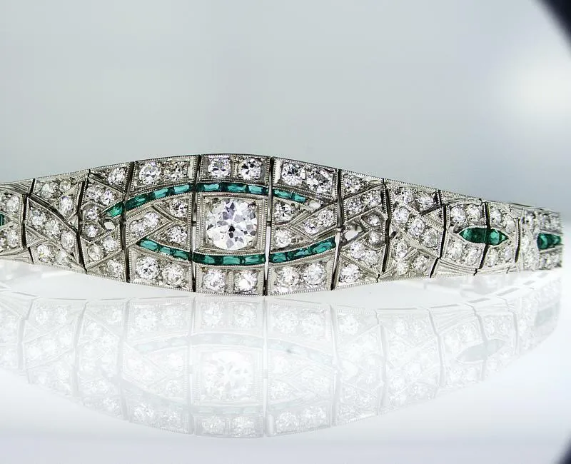 7.00 CT Rare Vintage Platinum Art Deco Natural Diamond Emerald Antique Bracelet