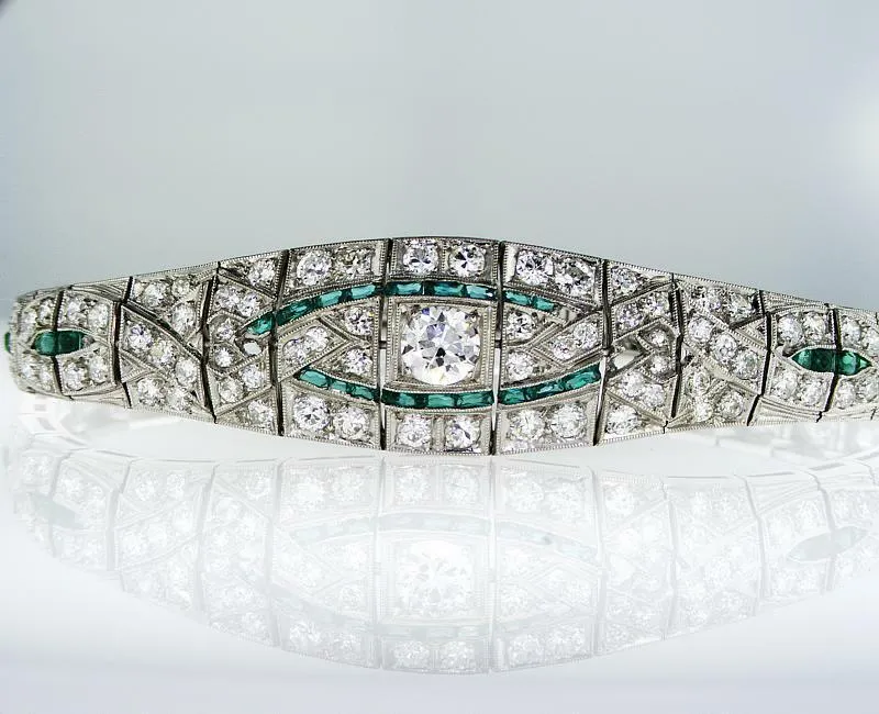 7.00 CT Rare Vintage Platinum Art Deco Natural Diamond Emerald Antique Bracelet