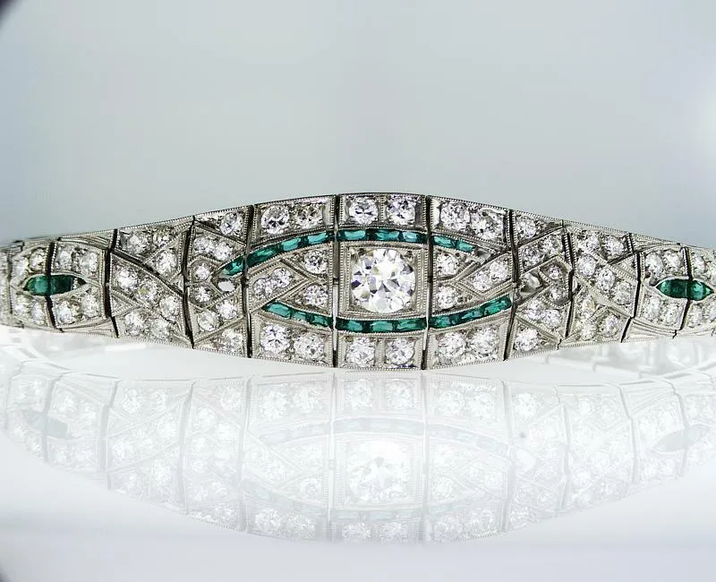 7.00 CT Rare Vintage Platinum Art Deco Natural Diamond Emerald Antique Bracelet