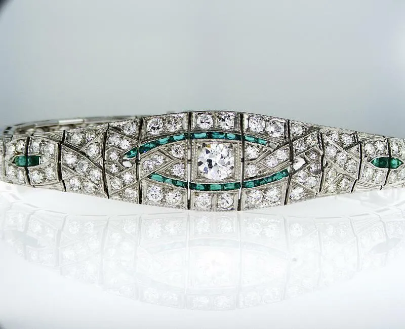 7.00 CT Rare Vintage Platinum Art Deco Natural Diamond Emerald Antique Bracelet