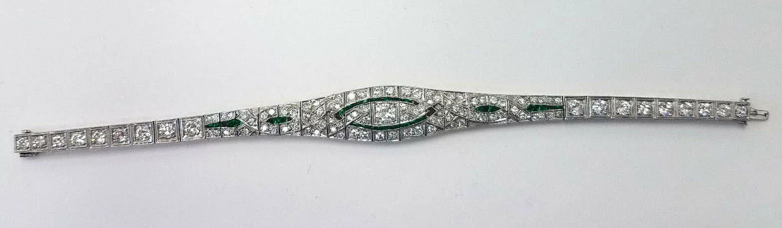 7.00 CT Rare Vintage Platinum Art Deco Natural Diamond Emerald Antique Bracelet