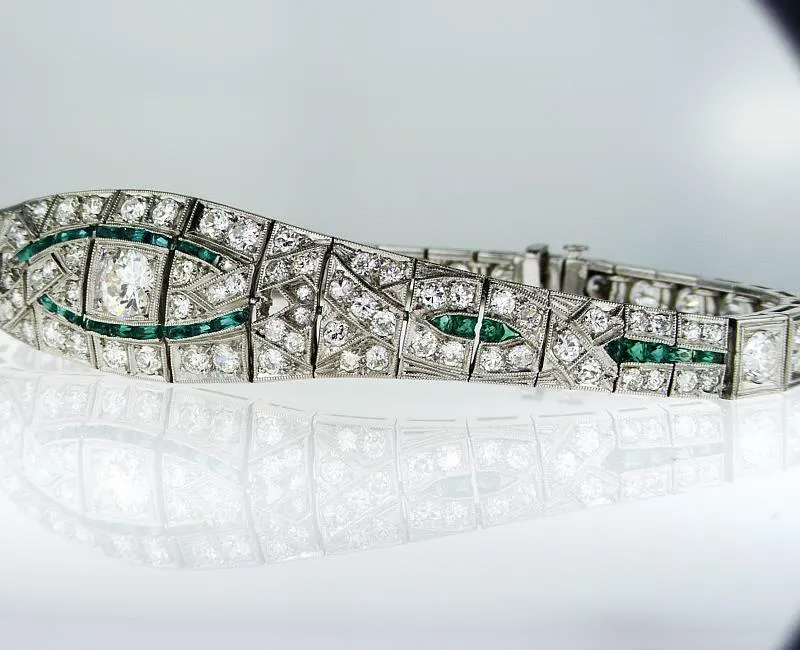 7.00 CT Rare Vintage Platinum Art Deco Natural Diamond Emerald Antique Bracelet