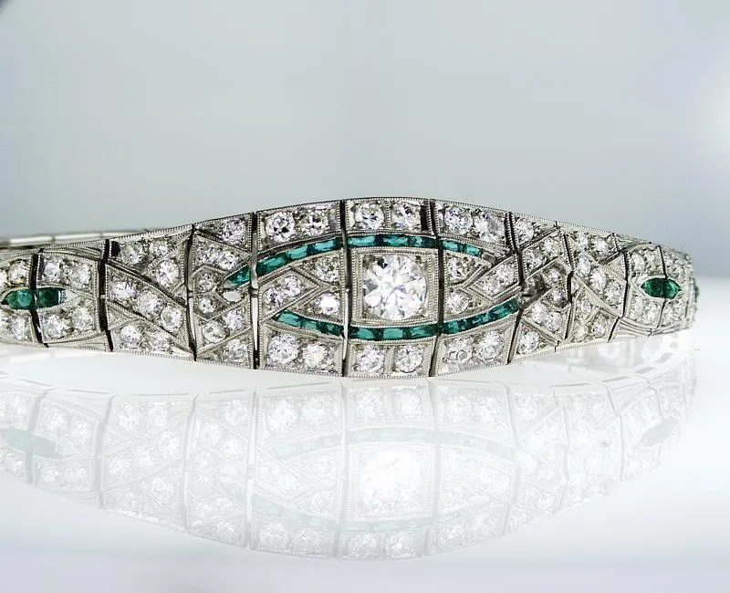 7.00 CT Rare Vintage Platinum Art Deco Natural Diamond Emerald Antique Bracelet